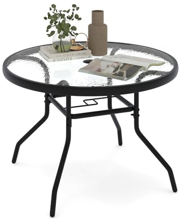 COSTWAY Mesa Auxiliar Jardin, 70 x 70 x 45,5 cm, Mesa Redonda con Tablero de Vidrio Templado, Orificio para Sombrilla, Estructura Metálica, Jardín Terraza Patio Piscina Balcon Piscina