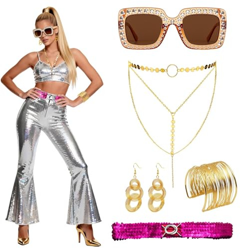 Henjunu Disco Accessoires für Damen,70er Jahre Disco Outfit Damen Accessories,Disco Zubehör Set,70er 80er Retro Party Outfit für Karneval,Halloween Mottoparty