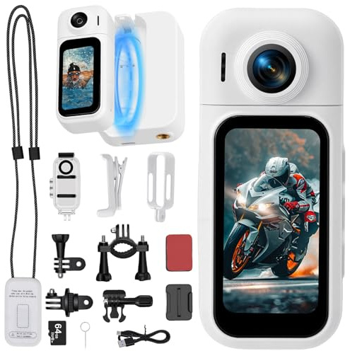 Mini action camera a 360° con touchscreen, Action Body Cam, impermeabile fino a 30 m, batteria da 8 ore, grandangolo di 120°, con 8 ore di autonomia, 64 GB di memoria, fotocamera per casco da