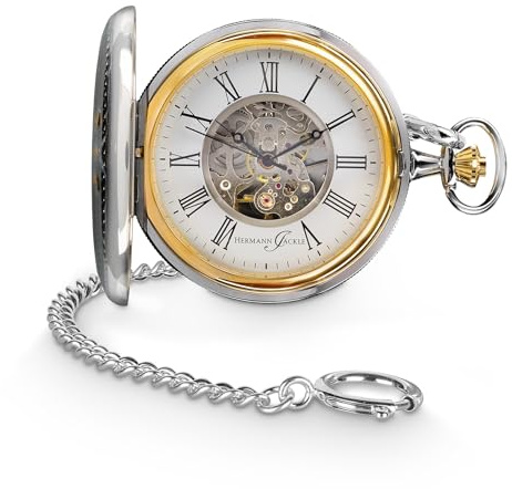 Hermann Jäckle Herren Taschenuhr Augsburg II Skelett Handaufzug 50 mm | Mechanisches Handaufzugswerk, sichtbares Skelett-Uhrwerk, Mineralglas, inklusive Kette und Reiseetui.