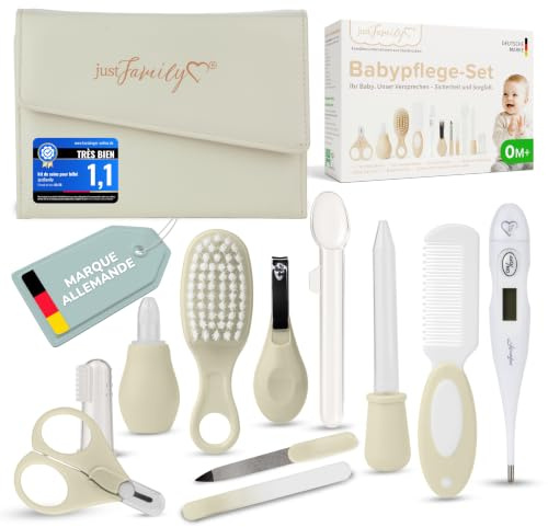TPFFamily Baby Pflegeset Neugeborene (Creme) – 11-teiliges Newborn Baby Set mit hochwertiger Baby Nagelschere, Fieberthermometer, Bürste und mehr – Ideal als Erstausstattung für Neugeborene