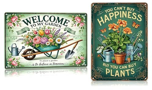 2 Pack Metal Garden Wall Art, Vintage Garden Signs with Rustic Floral Design & Heartwarming Message, Plaques for Outdoor Indoor Garden Fence Yard Patio Wall Door Decoration