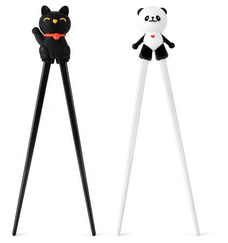 2 Pairs Training Chopsticks with Rebound Hinge – Non-Slip Practice Tool Set | with rebound hinge design, ideal for eating noodles, ramen and Asian food, with non-slip grip and cute cat & panda set
