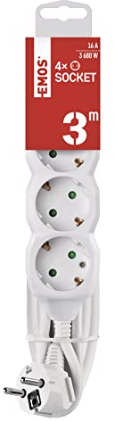 EMOS - 4-fach Steckdosenleiste 3m - 4 Schuko-Steckdosen 45° gedreht - 250 V, 16 A, 3680 W - hochwertige PVC-Isolierung - H05VV-F3G 1,5 mm2 - erhöhter Berührungsschutz - IP20 für Innen - weiß