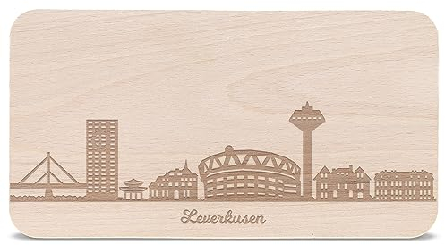 GRAVURZEILE Frühstücksbrettchen mit Gravur - Skyline Leverkusen - Holz Schneidebrett Vesperbrett Brotzeitbrett - Geschenk für Stadtverliebte - Ideal auch als Souvenir