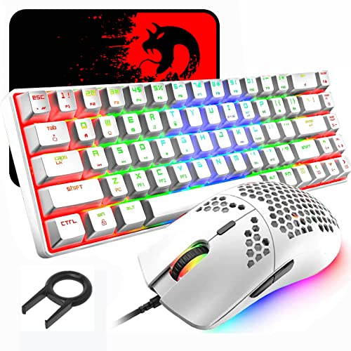 60% mechanische Gaming-Tastatur, Blauer Schalter, Mini-68 Tasten, kabelgebunden, Typ C, 18 Hintergrundbeleuchtungseffekte + leichte optische RGB Maus mit 6400 DPI, Wabenmaus + großes Mauspad - Weiß