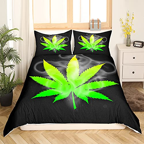 Loussiesd Marihuana Leaf Bettwäsche Set 135x200cm Rauch Cannabis Leaves Bettbezug Set für Kinder Erwachsene Marihuana Weed Green Leaf Betten Set Hanf Bettwäsche 2St., Schwarz