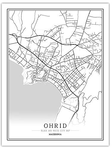 SONG Leinwand Bild, Ohrid Mazedonien Stadtplan Malerei Schwarz Weiß Einfache Kunst Wandbild Poster Rahmen Weniger Bild, Moderne Vertikale Malerei Cafe Büro Home Decor,40 * 50cm
