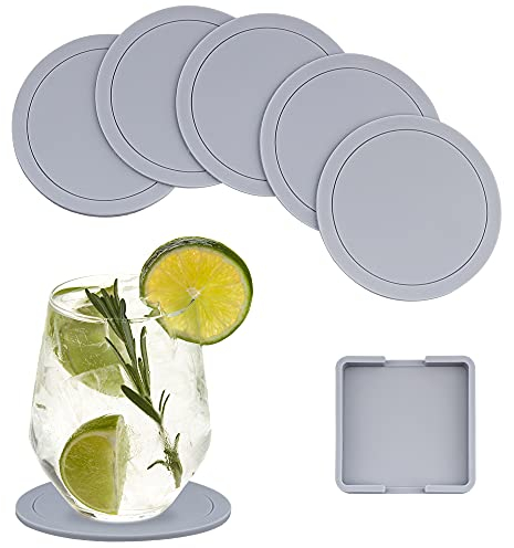 Lamondre Untersetzer Gläser, Untersetzer Silikon Rund 6er Set, Glas untersetzer Set Grau, Anti rutsch untersetzer für Getränke, Kaffee, Bier, Zuhause und Bar Office und mehr