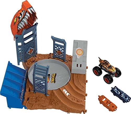 Hot Wheels Monster Trucks Arena Smashers Tiger Shark Spin-Out Challenge Age 3+ with a 1:64 Scale Tiger Shark and 2 Crushable Cars, HNB93