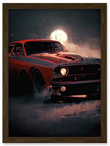 Doppelganger33 LTD Classic Red Sports Muscle Car On A Rainy Atmospheric Night Artwork Framed Wall Art Print A4