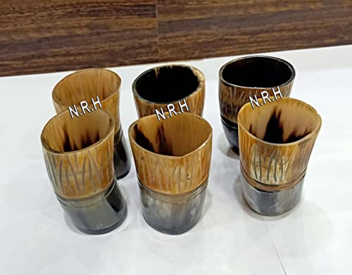 Lot de 6 tasses médiévales en corne à boire Viking authentiques fabriquées à la main - Verre à liqueur poli (noir naturel)