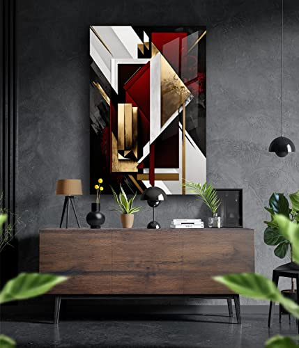Tableau mural de qualité supérieure en verre acrylique ou composite en aluminium – Pas de tableau mural – abstrait moderne – Blanc doré Décoration murale design (rouge foncé, verre acrylique 90 x 60