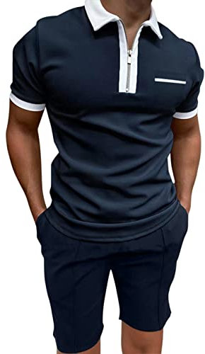 Männliche lässige solide Tasche zweiteiligen Anzug Reißverschluss Kragen Kurzarm-Top-Blusenanzug Drawstr Kleidertasche Anzug