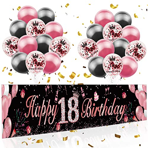 18 Geburtstag Dekoration Frau Kit, 16 Stück Frau Geburtstag Dekors, 1 Stück 18th Happy Birthday Banner (210 x 40cm), 15 Stück 3 Farben Wiederverwendbar Geburtstag Deko Luftballons