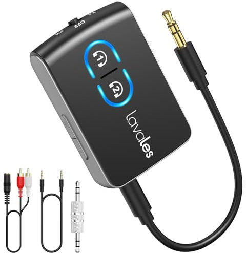Lavales Transmetteur Récepteur Bluetooth 5.3 pour TV, Bluetooth Adaptateur Audio 3,5mm Jack HiFi AUX RCA, AptX-LL Double Link pour Smartphone vers Casque Bluetooth/Avion/Enceinte, Volume réglable