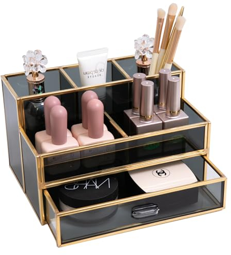 HARLIANGXY Organizador de Cosméticos con Cajones, Organizador de Maquillaje negro, Soporte para pinceles de Maquillaje, Organizador de Cosméticos Vidrio, Bandejas para cosméticos