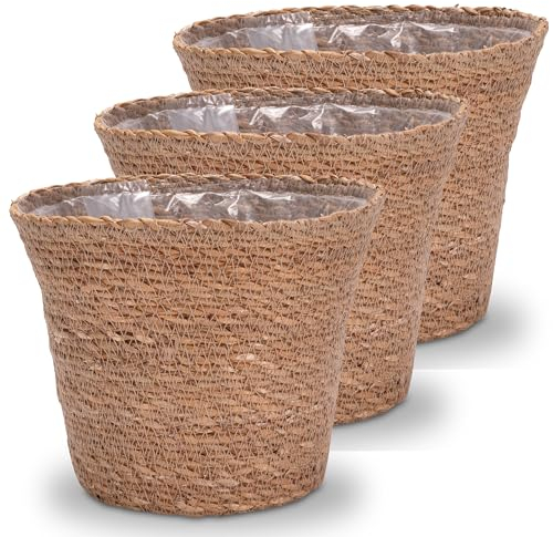Decorasian Pflanzkorb – Übertopf geflochten – dekorativer Seegras Blumentopf mit Folieneinsatz im Boho Stil, 3 Stück 20cm