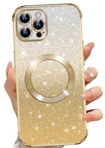 Phoona für iPhone 12 Pro Max Hülle, Magnetisch Handyhülle Kompatibel mit MagSafe, Keine Vergilbung, Kratzfeste, Ganzkörperschutz Glitzer Hülle für iPhone 12 Pro Max, Mit 2 Schutzfolie, Gold