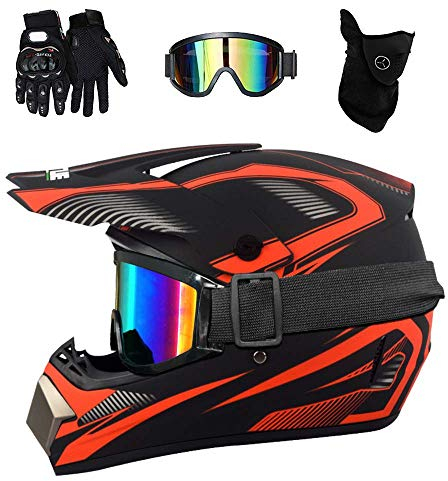 Dual Sport Full Face MTB Motocross Helmet Set, with Goggles Gloves Mask, Youth Kids Off Road ATV Motorbike Crash Helmet, Downhill BMX Enduro Quad Dirt Bike Helmet for Boy Girl ( Color : Red , Size : L