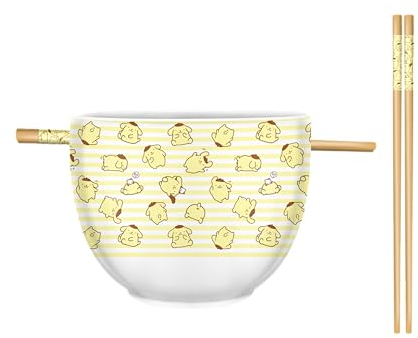Silver Buffalo Sanrio Hello Kitty and Friends Pompompurin Pattern Ceramic Ramen Noodle Rice Bowl with Chopsticks, Microwave Safe, 20 Ounces