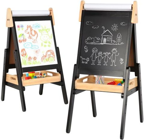 3 in 1 Easel for Little Kids with Wood Tray, Double Sided Wooden Easel with Paper Roll, Magnetic Chalkboard & White Board Height Adjustable Painting Standing for Toddlers Childrens 2-5