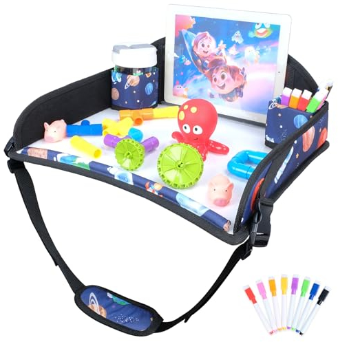 Kids Travel Tray for Toddler Car Seat, Travel Tray for Airplane, Toddler Car Seat Lap Activity Tray, Multifunctional Car Seat Tray Table with Storage (Blue-Stars)