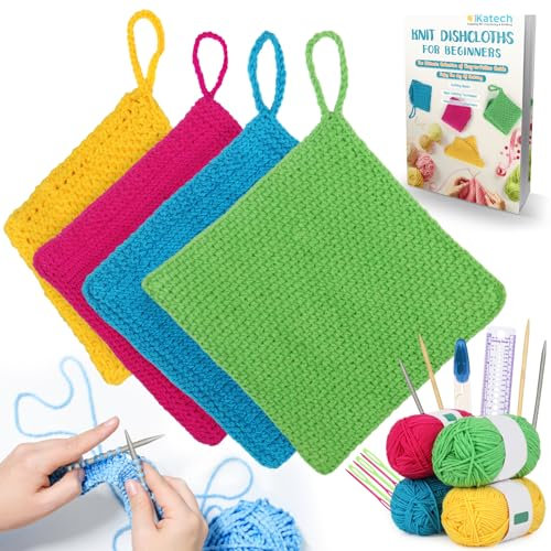 Katech Stricken für Anfänger Set, Feste Rundstricknadeln 60cm aus Metall und Bambus, Knitting Set Anfänger 4 Putzlappen Stricksets mit Englisch Anleitung, Stricknadeln Anfänger, Dunkel Putzlappen