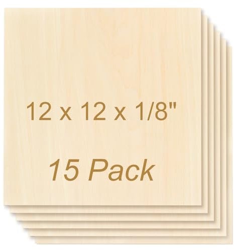 ToCome 15 Pack 3mm Basswood Sheets - 12x12x1/8 Plywood Sheets for Laser Cutting & Engraving - 305x305x3mm Laser Bass Wood Boards for Crafts & Projects (12x12x1/8, 15 Pcs)