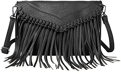 Hoce Damen Leder Fransen Messenger Bag Große Hobo Crossbody Quaste Schultertaschen Geschenk für Mama Frau Freundin, D-schwarz