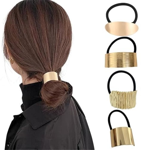 4 Pack Gold Hair Cuffs Women's Metal hair accessories Elastic Hair Ties Ponytail Holder Fashion Geometric hair Band for Girls Women No Damage(4 Pack-F)