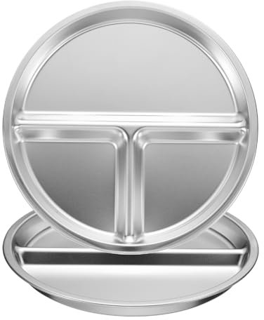 sourcing map 2Pcs 304 Stainless Steel Divided Dinner Plate, 7.9 Round Serving Platter Plates with 3 Sections Cafeteria Mess Tray for Restaurant Kitchen Portion Control Camping, Silver