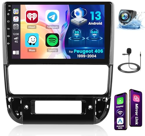 Ohradio 2G+64G Android 15 Radio Coche para Peugeot 406 1999-2004 con Carplay Inalámbrico Android Auto Inalámbrico - 9 Pantalla Táctil 2 DIN WiFi FM/RDS GPS BT USB Enlace Espejo - Cámara+Mic