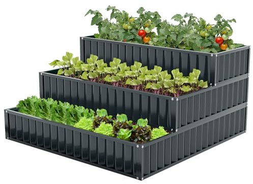 COSTWAY 3 Tier Raised Garden Bed, Metal Elevated Planter Box Kit with Open-ended Base, Outdoor Vegetable Flower Herb Growing Containers for Patio Yard Lawn Greenhouse, 118 x 118 x 61cm