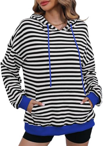 Gemulate Womens Hoodies Long Sleeve Tops Ladies Striped Pullover Sweatshirts Tunic Autumn Winter Clothes G-Black White M