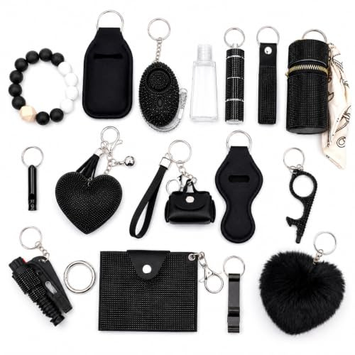 YLSHG Sicherheits-Schlüsselanhänger-Set für Frauen, Armband Wristlet Schlüsselanhänger für Mädchen, Pfeife und Pompon, Schwarz, Standard