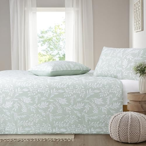 Chlophy Sage Green Duvet Set King Leaf Duvet Cover Summer Textured Leaves Fresh Duck Egg Green Leafy Pattern Branches Luxury Jacquard 2 layers Gauze Muslin Faux Bedding Set 230x220