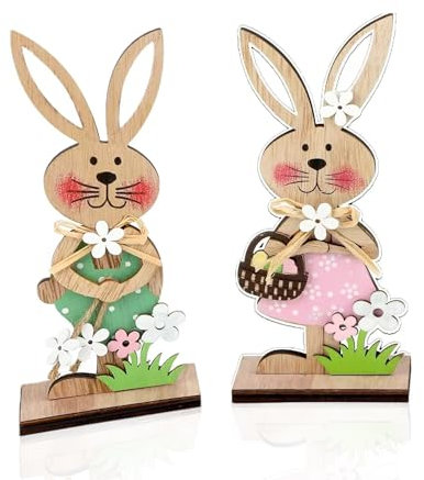 Probuk Osterhase Deko aus Holz, 2 Stücke Osterhasen zum Hinstellen, Wiederverwendbare Osterdekorationen, Osterhasen-Ornamente, Oster-Kaninchen-Ornament mit Sockel für Freund, Familie, Kind