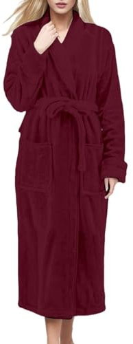 Damen Bademantel aus grauem Fleece, mit Gürtel, weicher langer Morgenmantel für Damen, warmer Plüsch-Wintermantel, leichte einfarbige Nachtwäsche, gemütliche Loungewear, entspannte Passform, wein, XL