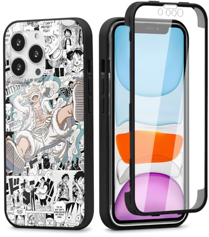 PBNDJVG for iPhone 13 6.1'' Case, OP Luffy 360° Full Body with Built-in Screen Protector Touch Sensitive, Shockproof Soft TPU Bumper Phone Case Clear Designed for Anime Lovers - Black
