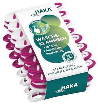 HAKA Wäscheklammern, 16 Stück, stabil & langlebig, ohne Abdruck, starke Klammern für drinnen & draußen, UV-beständig, wetterfest, extra griffig, für empfindliche Wäsche