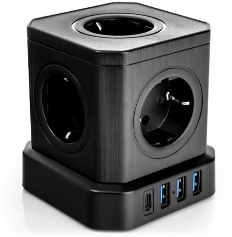 Spacetronik Steckdosenwürfel, Mehrfachsteckdose Würfel mit 5X AC, 3X USB-A & 1x USB-C, Überspannungsschutz, 4000W, Schalter, 2m Kabel, Kompakte Steckdosenleiste für Büro & Zuhause