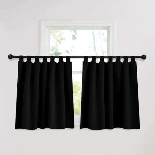 PONY DANCE Kurze Vorhänge Blickdicht Schlaufengardinen H90 x B140 cm | Schwarz, Verdunklungsvorhänge, 2er Set, Kurz, Hitzeschutz, Gardinen Wohnzimmer, Sichtschutz, UV-Schutz, für Küche Fenster
