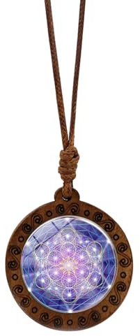 Ksikdeg Elegante Holz-Halskette mit Metatronwürfel, heilige Geometrie, Hexagramm und Sri Yantra-Amulett, verstellbare Länge, 4.29x3.12in, Gemischte Materialien