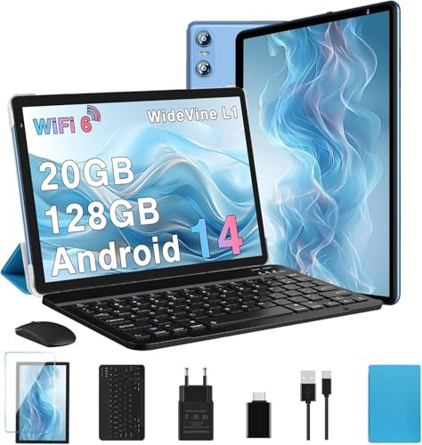 SEBBE Tablette 10 Pouces Android Tablettes 20Go RAM + 128Go ROM(TF Extensible 2To), Octa-Core, Widevine L1, WiFi 6, 5G+2.4G Wi-FI, Tablettes avec Clavier+Souris et Cas-Bleu