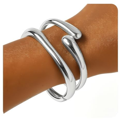 PEALICIOUS Chunky Silver Bracelet 2Pcs 7In Chunky Bangles For Women Girls
