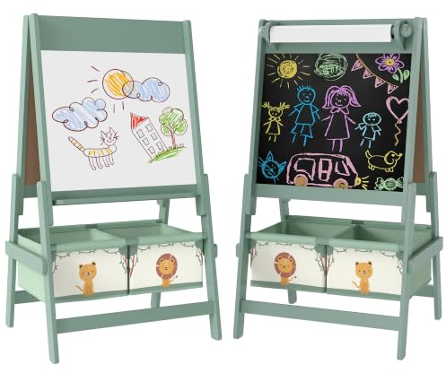 AIYAPLAY Art Easel for Kids 3-in-1 Whiteboard/Blackboard Ages 3-8 Green | Double-Sided Standing Easel, Paper Roll, Two Storage Boxes, Toddler Drawing Board