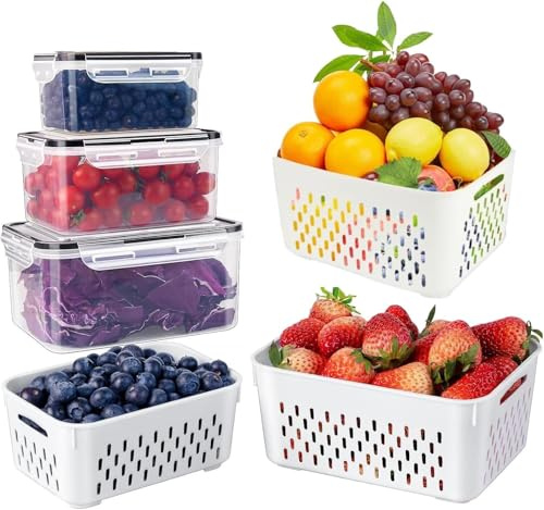 6PCS Réfrigérateur de Stockage de Fruits, Filtrable Contenant à Baies, Organisateur Frigo, Bac Rangement Frigo, Boite de Rangement avec Couvercle, Boite Rangement Cuisine, Boite Conservation
