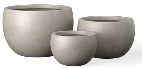 Kante 50,5 cm, 39,9 cm, 30 cm Durchmesser, runder Beton-Übertopf für drinnen und draußen, große Schale, Pflanztöpfe mit Ablaufloch und Gummistopfen für Garten, Terrasse, Balkon, Haus, verwitterter