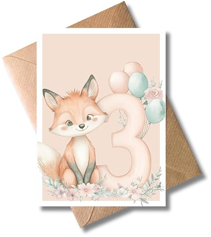 WBdesignz Geburtstagskarte „3 Jahre“ mit Umschlag - Süße Kinderkarte mit Tiermotiv, Ballons, Fuchs & Blumen - für Kinder Mädchen & Jungen - Kindliche Glückwunschkarte zum 3. Geburtstag (DIN A6)